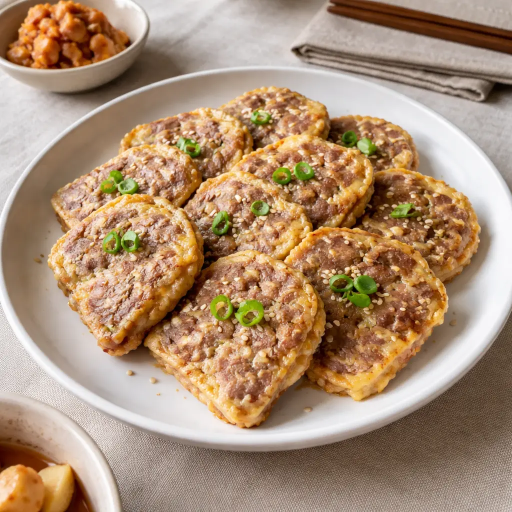 노릇하게 구운 육전을 접시에 담은 완성 사진