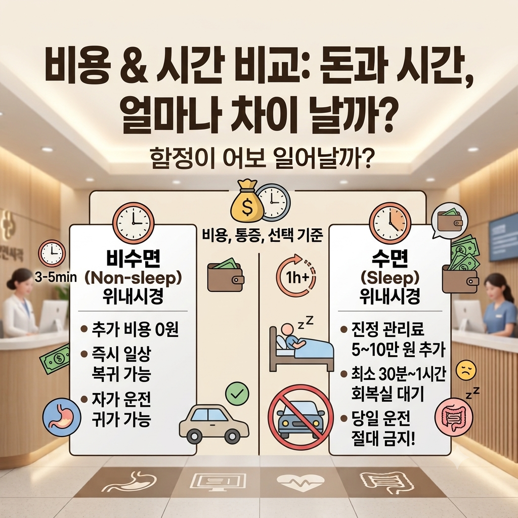 비수면 위내시경과 수면 위내시경의 진정 관리료 비용 차이, 회복 시간, 운전 가능 여부 비교 정리표