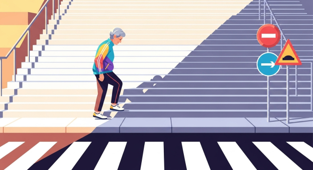 시력 회복 후 계단·표지판·보행이 편안해진 시니어 실외 장면