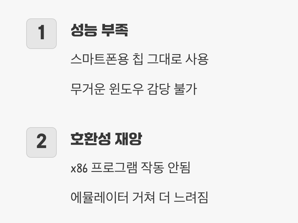 과거의 실패, 느리고 호환 안 되는 '악몽'
