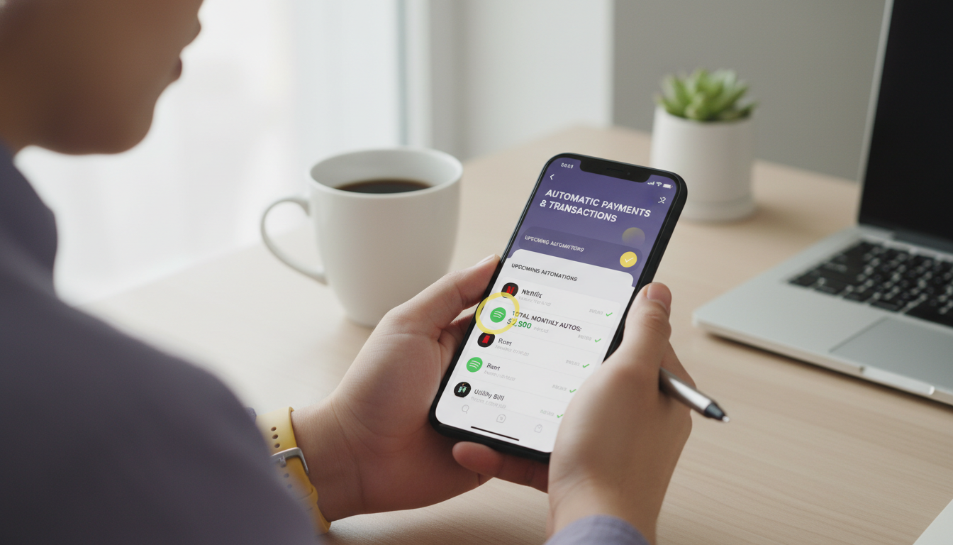 스마트폰으로 카드 결제 내역과 자동이체 항목을 꼼꼼하게 확인하는 사람의 모습.
