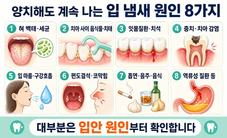 혀 백태, 잇몸질환, 충치, 입 마름, 편도결석 등 양치해도 계속 나는 입 냄새 원인 8가지.