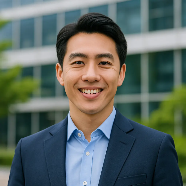 자신감 있는 표정으로 밝게 웃고 있는 한국인 남성이 AI 관련 주제와 어울리는 분위기 속에 촬영된 이미지