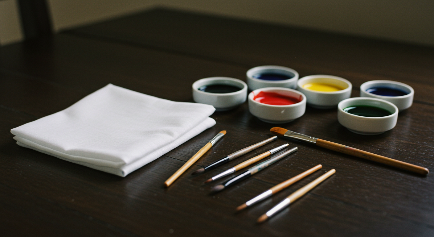 하얀 손수건과 여러 가지 색상의 염료가 담긴 작은 종지들