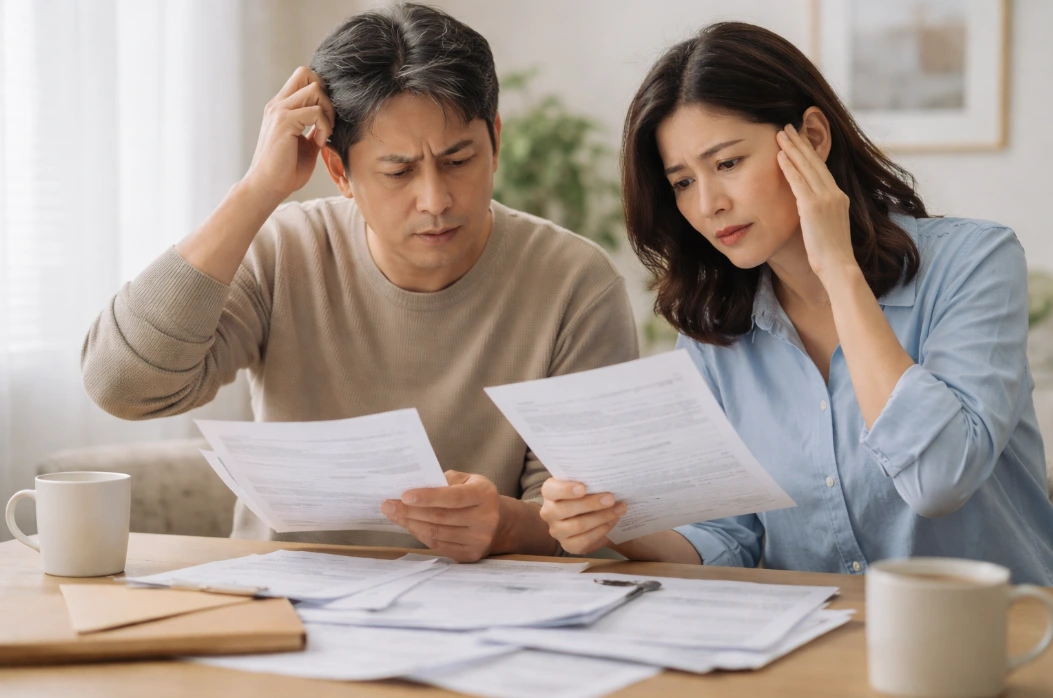 월세 연말정산 서류를 확인하다가 공제 문제로 당황한 40대 부부의 모습