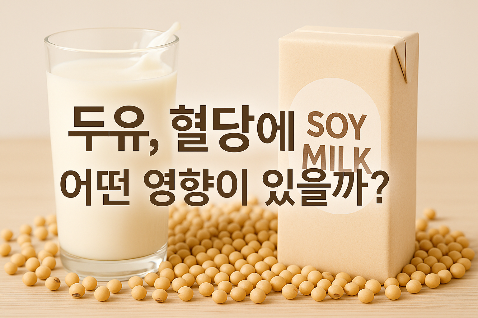 유리컵에 담긴 두유와 콩이 놓여 있고, 옆에는 두유 팩이 놓인 크림 톤 배경의 차분한 실사 이미지. 중앙에 ‘두유, 혈당에 어떤 영향이 있을까?’라는 갈색 텍스트가 쓰여 있다.