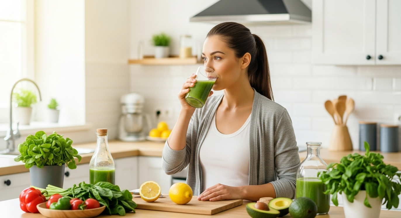 한 여성이 부엌에서 해독주스를 만들어 마시고 있다