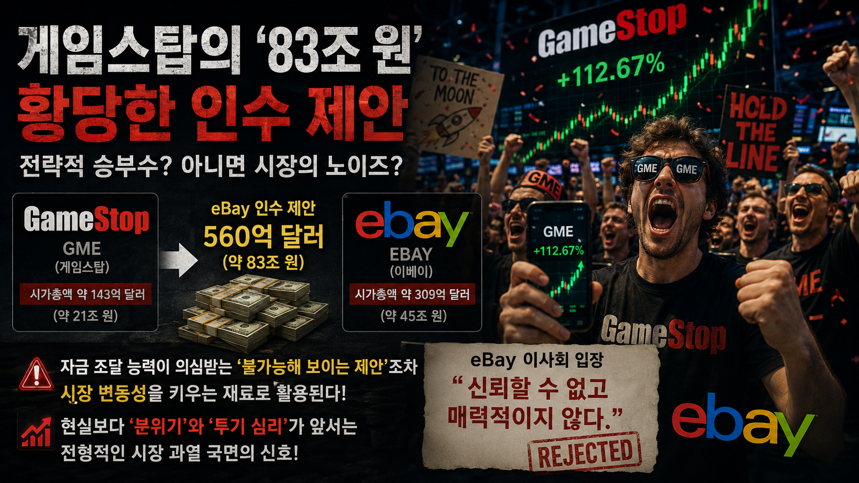 게임스탑과 이베이 인수 논란 속 과열된 밈주식 투자 심리를 표현한 금융 이미지