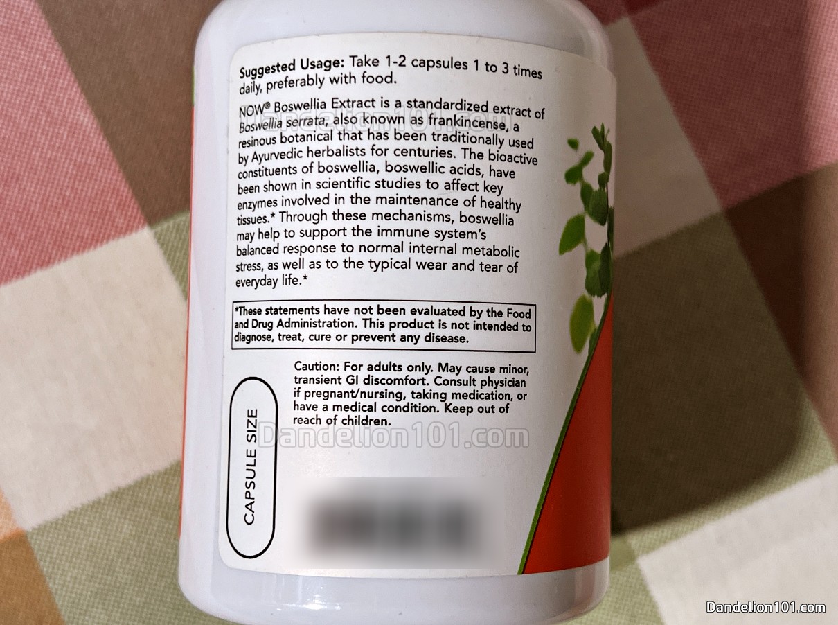 나우푸드 보스웰리아 추출물 250mg 섭취 방법 및 제품 정보, 주의사항