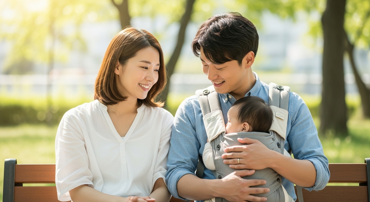 밝은 공원에서 아기와 함께 산책하며 활짝 웃는 한국인 부부. 산후 우울증을 함께 극복하는 모습.