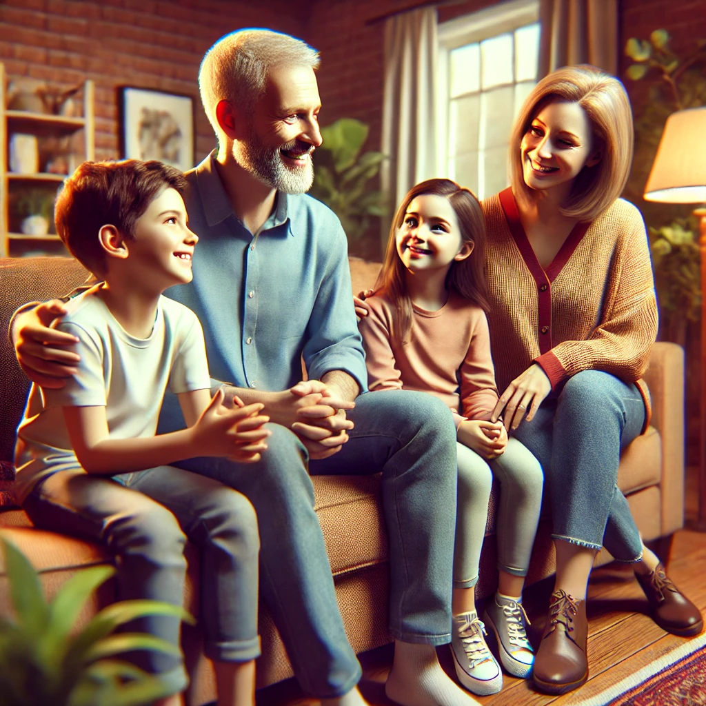 거실에서 가족이 함께 대화를 나누며 웃는 모습