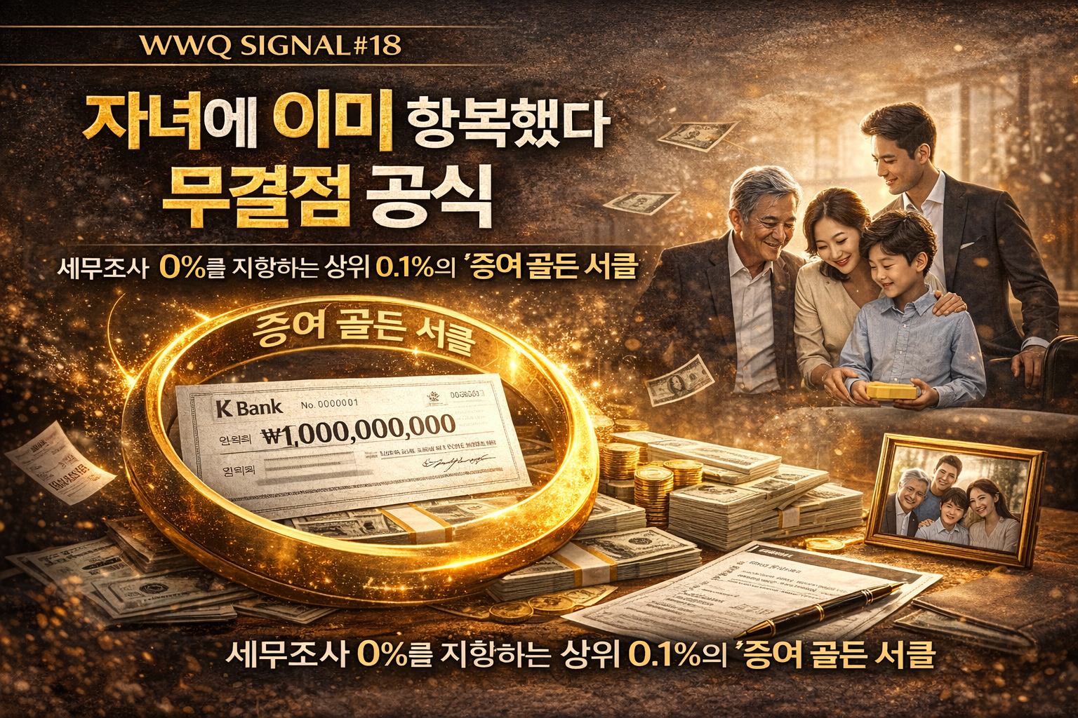 WWQ SIGNAL 18 자녀에게 10억을 넘기는 무결점 공식 세무조사 0%를 지향하는 상위 0.1% 증여 골든 서클 전략을 상징하는 가족과 자산 승계 이미지 썸네일