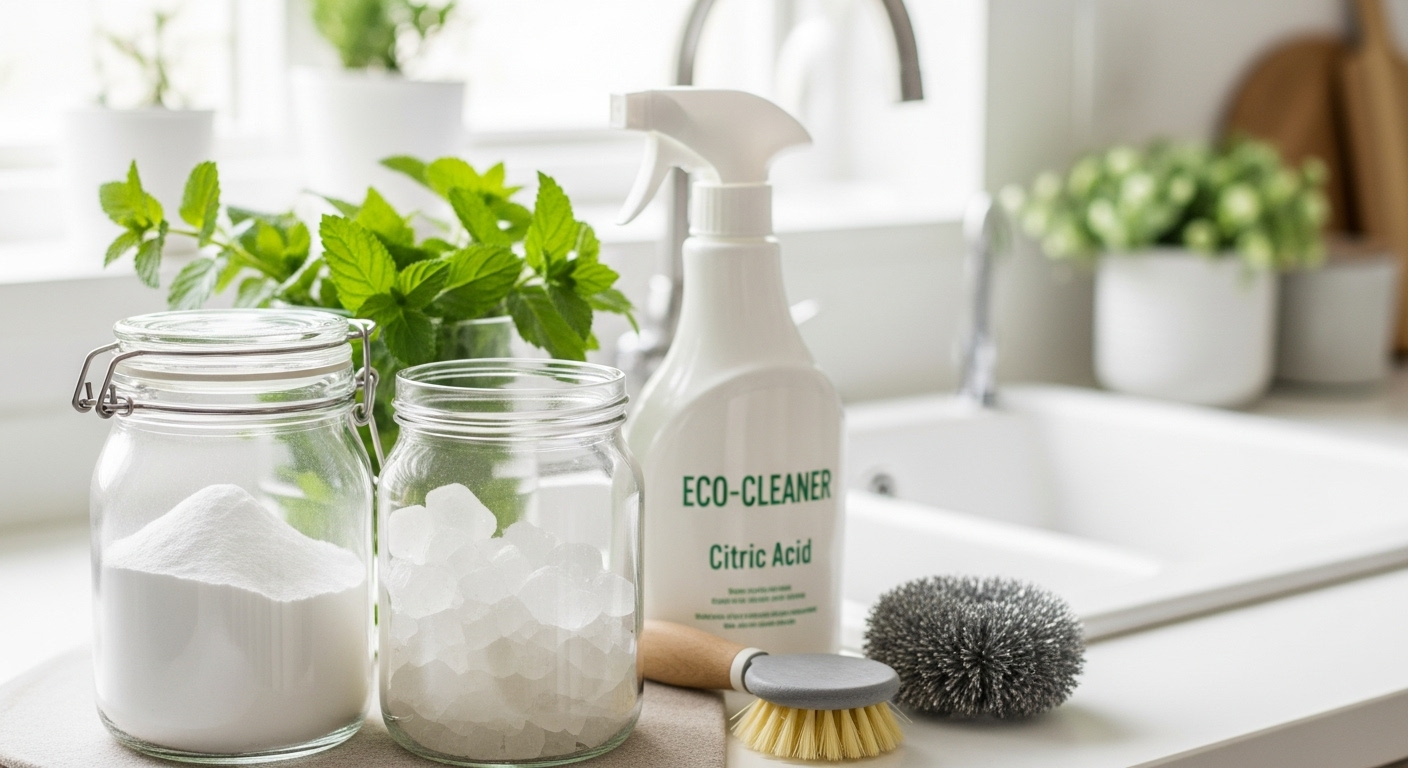 밝고 깨끗한 주방 카운터에 베이킹소다와 구연산이 담긴 유리병, 친환경 세제 스프레이가 놓여 있는 모습.