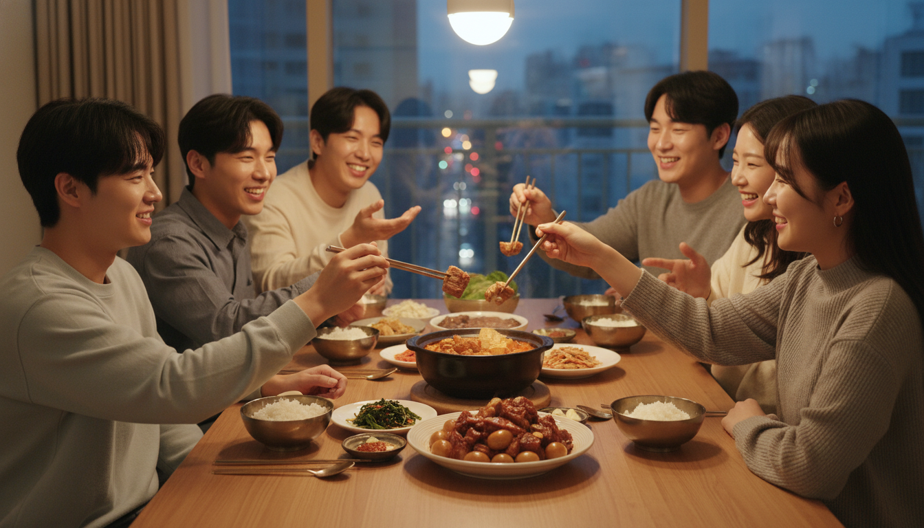 돼지고기 김치찌개와 장조림 등 앞다리살/뒷다리살 요리를 즐겁게 나눠 먹는 젊은 한국인들의 따뜻한 식사 모습.