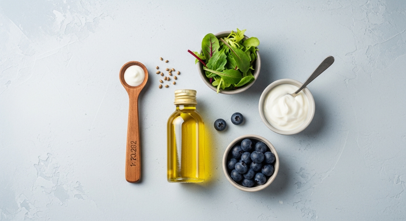 대마종자유 병과 측정 스푼, 샐러드 채소, 블루베리, 요거트가 깔끔하게 배열되어 다양한 섭취 방법을 보여줍니다.