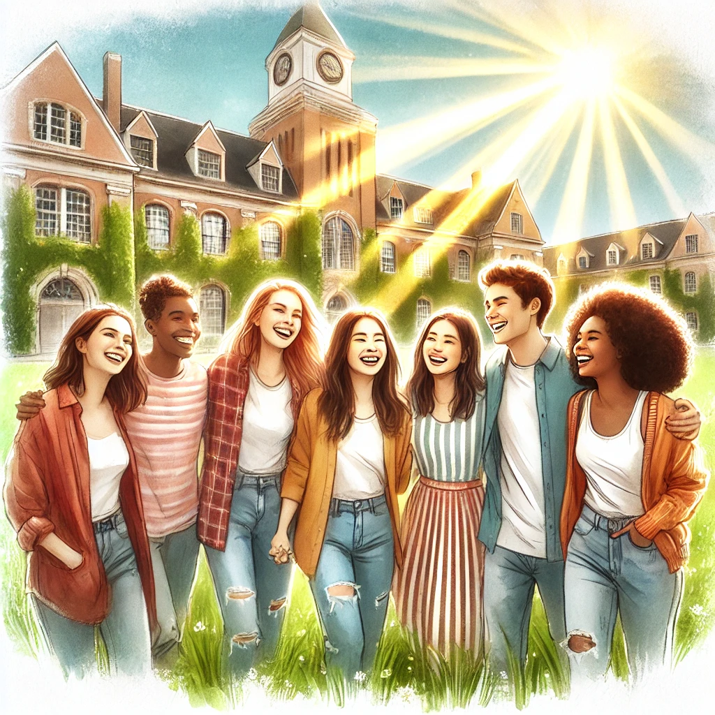 대학 캠퍼스를 배경으로 다양한 국적의 친구들이 함께 웃고 있는 모습