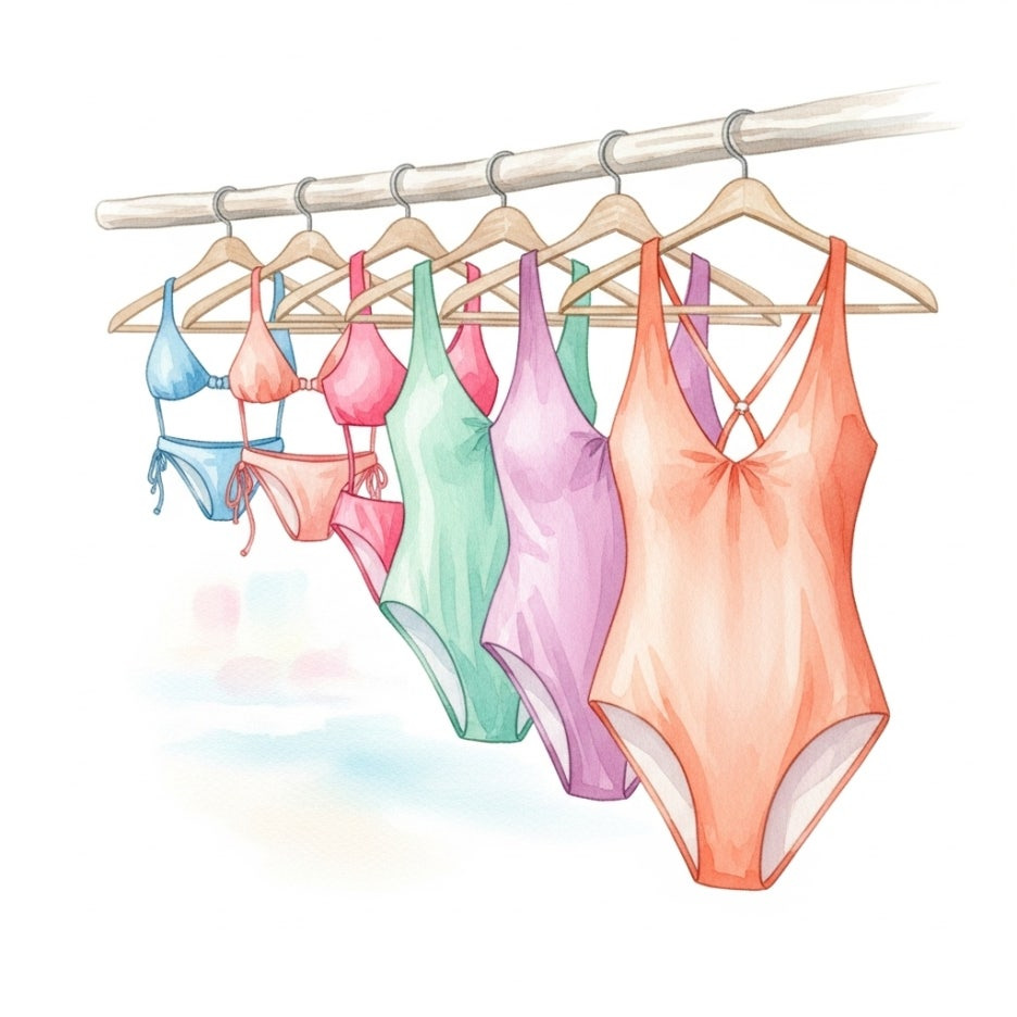 다양한 크기의 수영복이 걸려 있는 모습