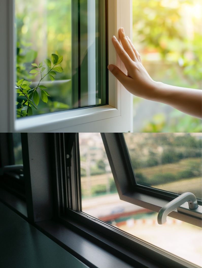 실내 공기 환기를 위해 창문을 여는 모습으로, 미세먼지 수치를 확인하고 환기 시간대 조절의 중요성을 전달하는 이미지