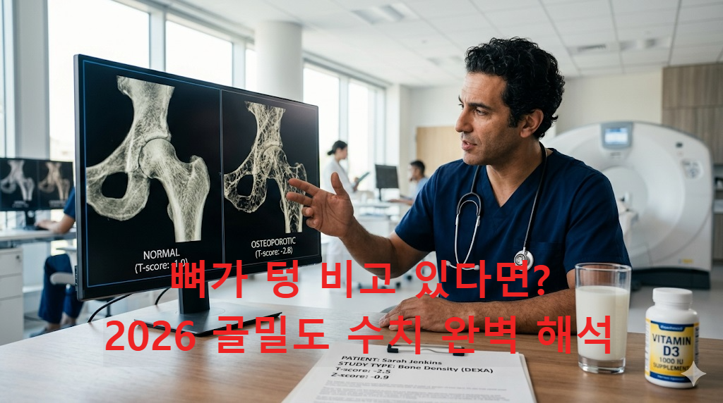 2026 골밀도 정상수치(T-score, Z-score) 가이드와 골다공증 진단 기준 및 예방 수칙 이미지