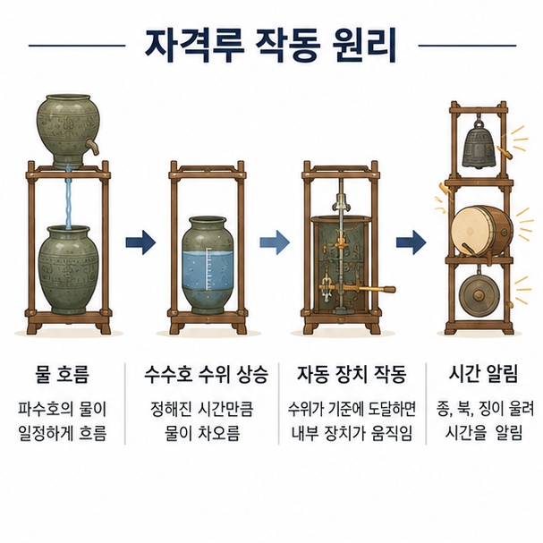 파수호에서 수수호로 물이 흐르고 물의 높이가 장치를 움직여 종과 북, 징을 울리는 자격루의 작동 원리를 설명한 이미지