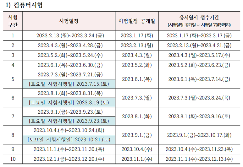 컴퓨터 시험 일정표
