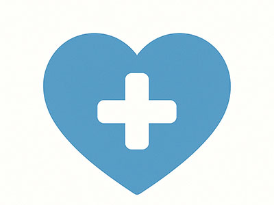 파란색 하트 모양 안에 하얀색 십자 표시가 있는 아이콘. 기초생활수급자 의료 지원을 상징함. 