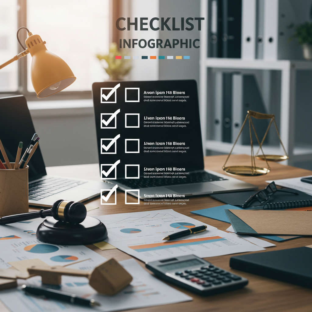 법원 경매 입찰 체크리스트가 포함된 노트북과 서류가 놓인 전문가의 작업 공간 이미지