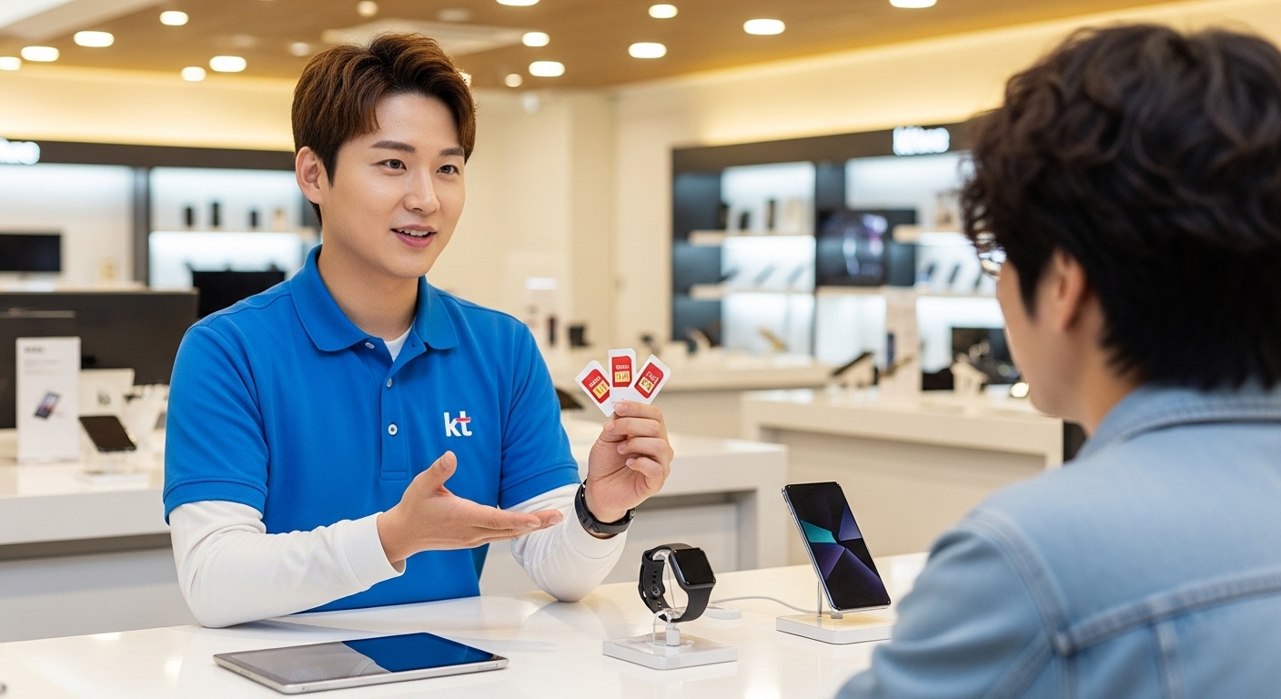 KT 매장 직원과 고객이 다양한 크기의 유심 카드에 대해 상담하는 모습.