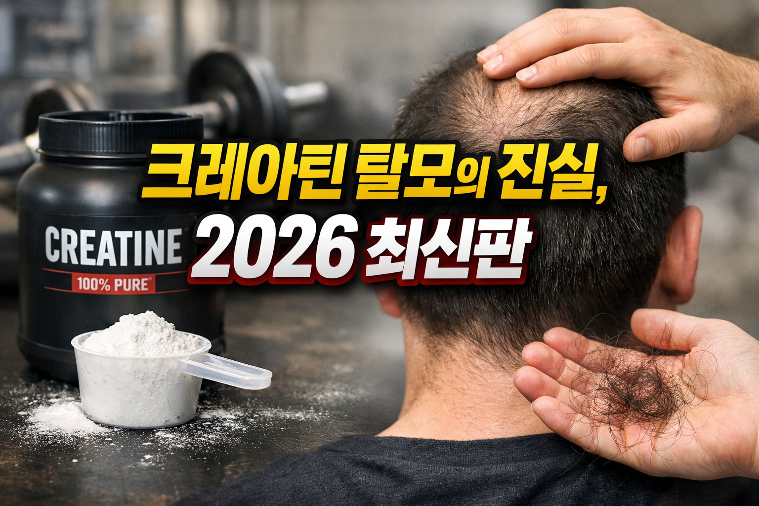크레아틴 파우더 통과 스쿱, 머리숱이 줄어든 정수리를 만지는 남성의 모습과 &lsquo;크레아틴 탈모의 진실, 2026 최신판&rsquo; 문구가 있는 정보 썸네일