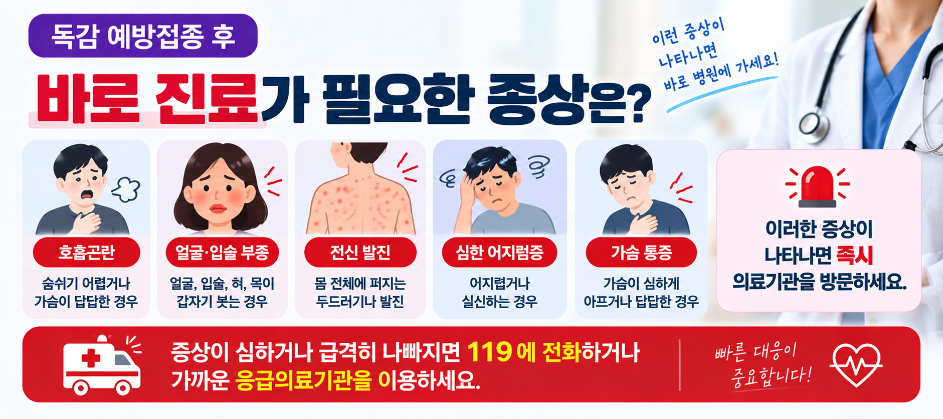 독감 예방접종 후 호흡곤란 얼굴 부종 전신 발진 심한 어지럼증 응급 증상 안내 이미지