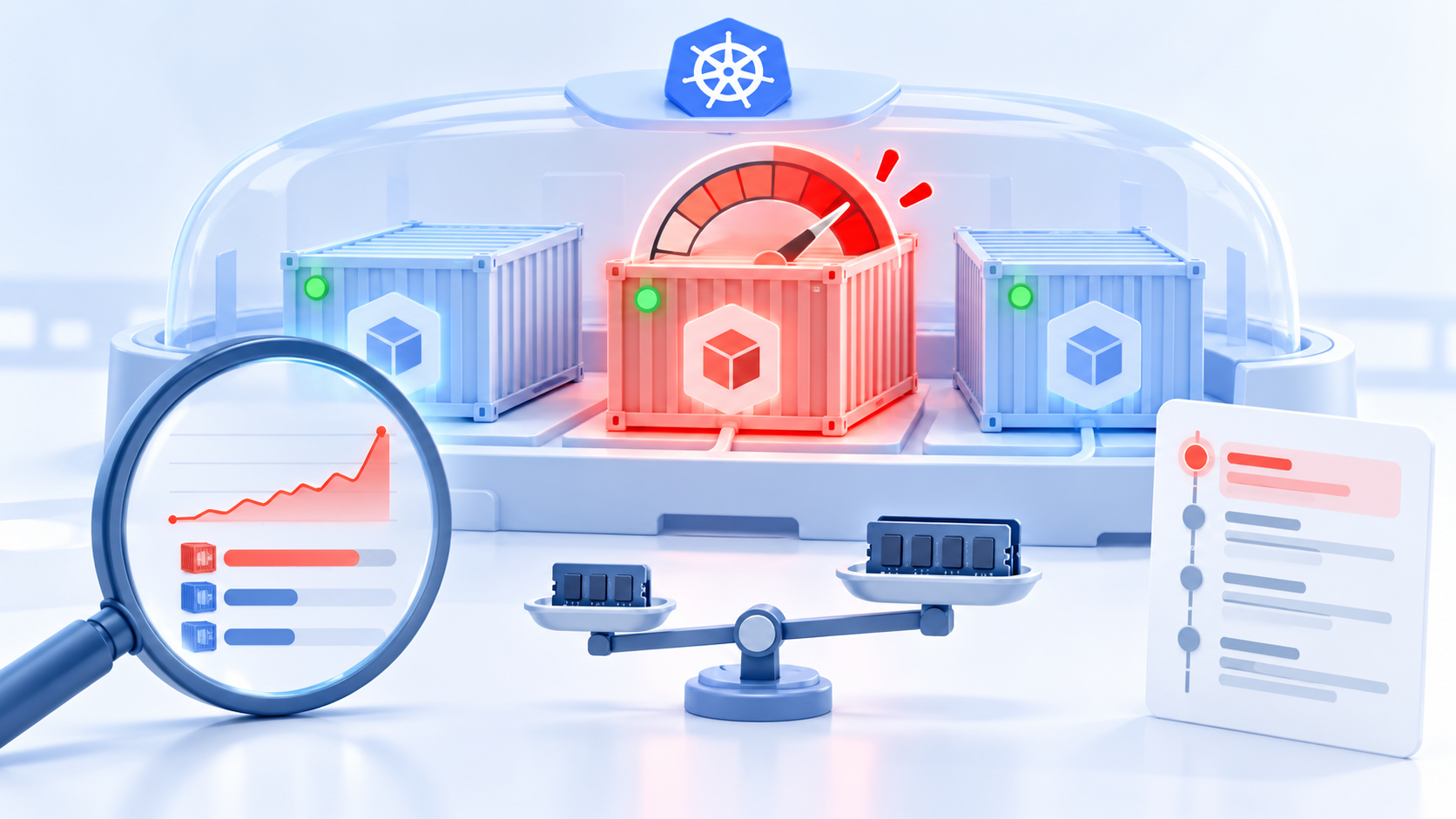 Kubernetes 컨테이너 메모리 사용량과 OOMKilled 원인 점검 흐름을 나타낸 일러스트