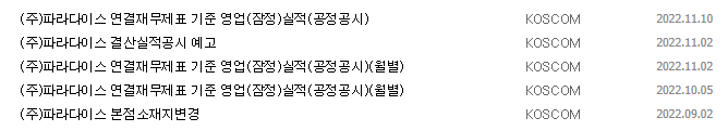 파라다이스 공시 목록