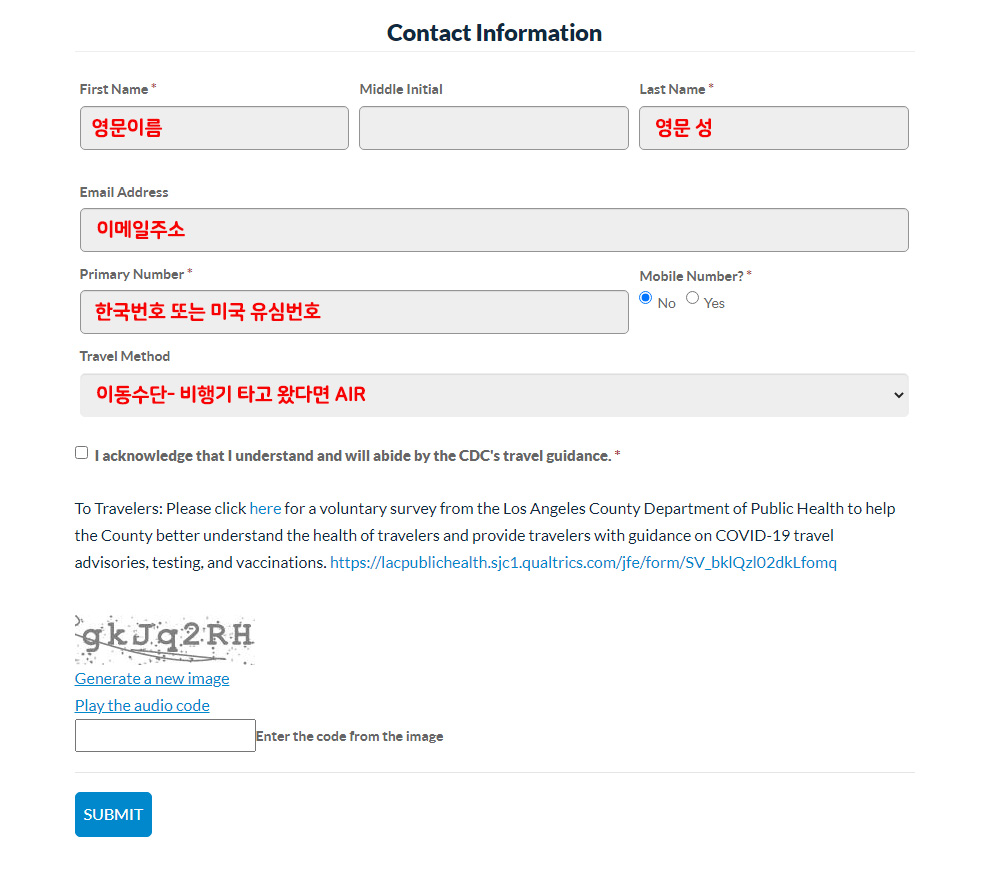 LA 여행자폼 입력하는 방법안내