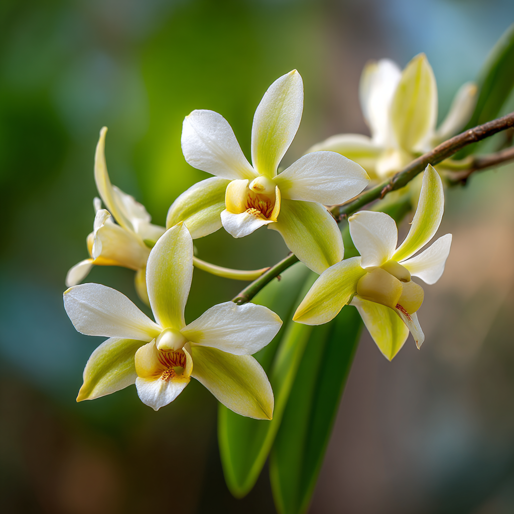 열대 지역 덩굴식물에 피어난 바닐라 난초꽃 클로즈업