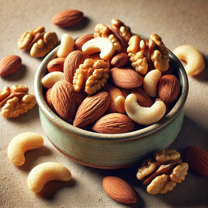 하루 권장 섭취량의 견과류(아몬드, 호두, 캐슈넛)가 담긴 그릇 이미지.
