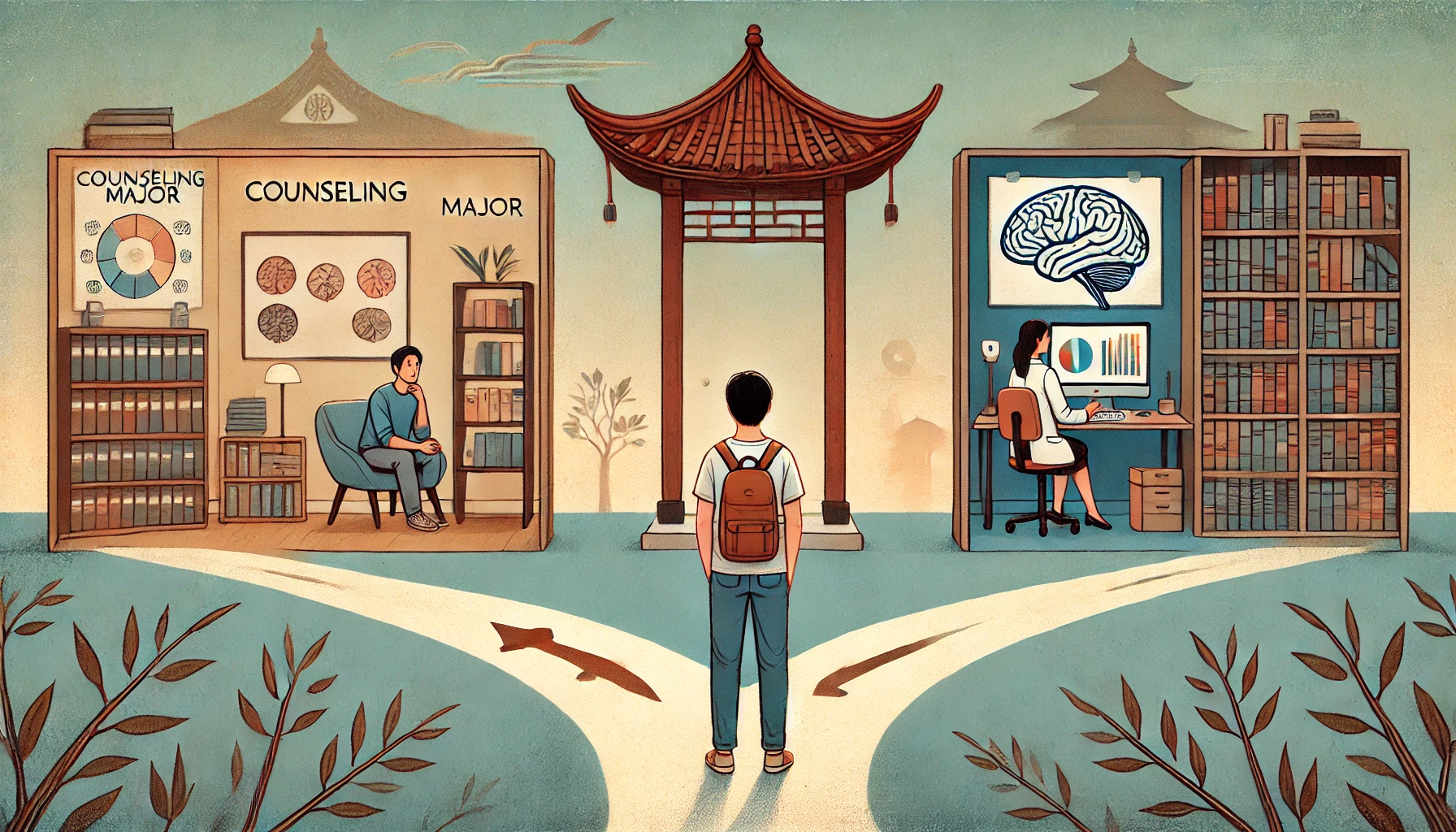 심리학과와 상담학과의 진로를 상징하는 두 갈래 길을 동양적인 분위기 속에 담아 표현