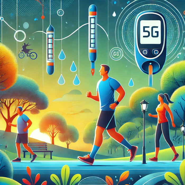 걷기&amp;#44; 조깅 등 운동이 혈당 조절에 미치는 역할을 강조한 일러스트