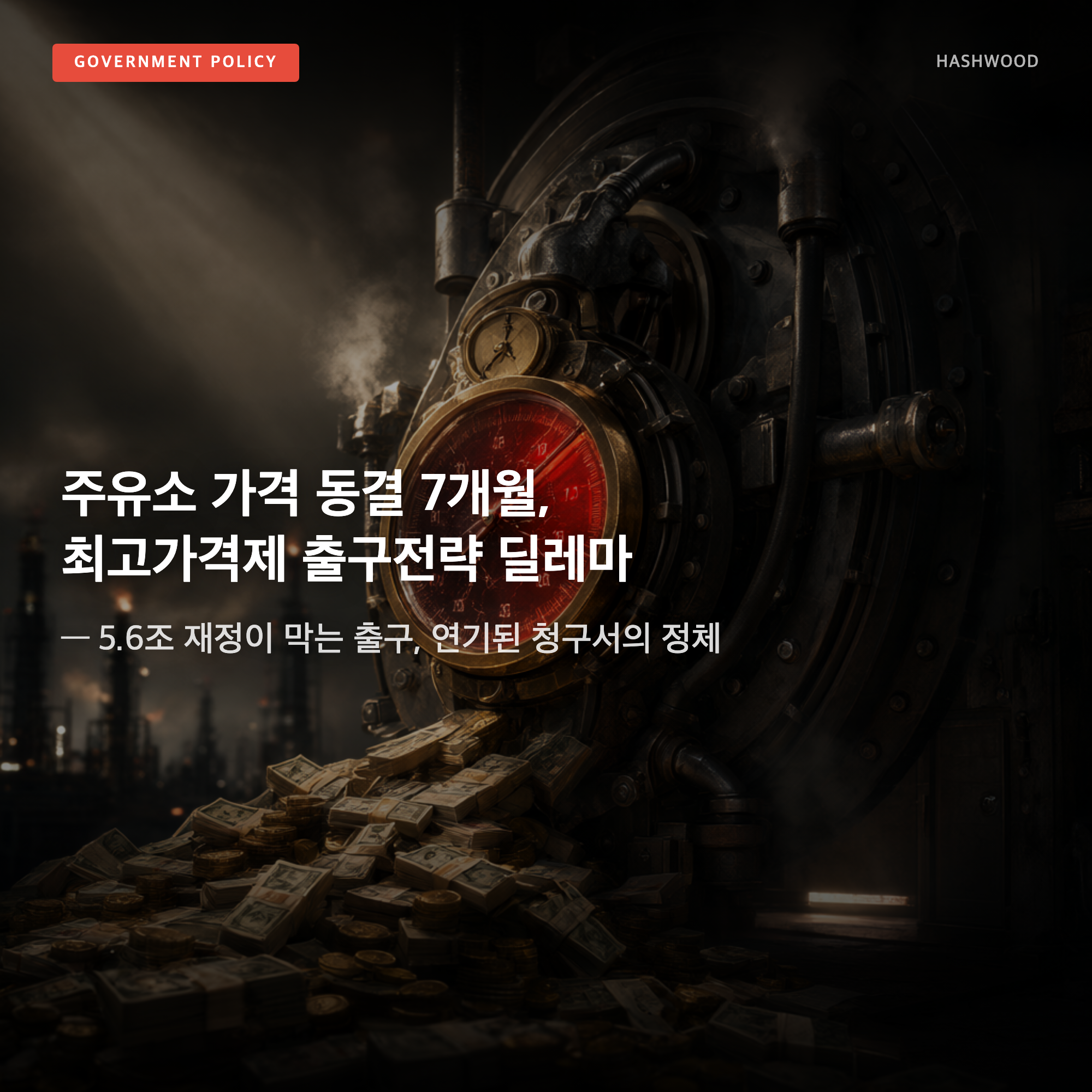 그림: 주유소 가격 동결 7개월, 최고가격제 출구전략 딜레마 — — 5.6조 재정이 막는 출구, 연기된 청구서의 정체