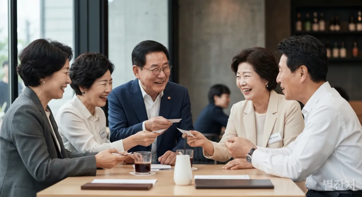 서울 강남의 카페에서 비즈니스 네트워킹을 하는 한국인 시니어들