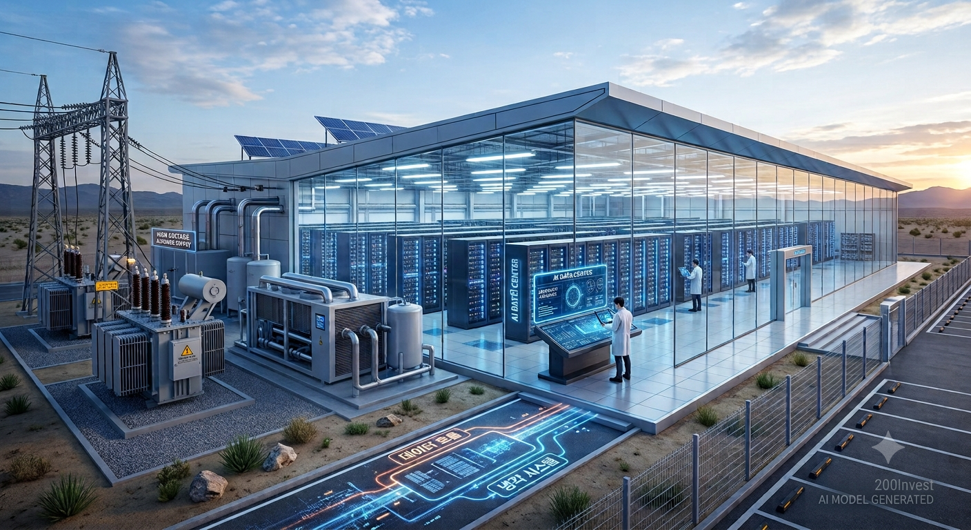 An intricate overview of an AI Data Center with power substations and liquid cooling technology. Multiple textual watermarks reading "GENERATED BY 200INVEST's AI MODEL" are visible.