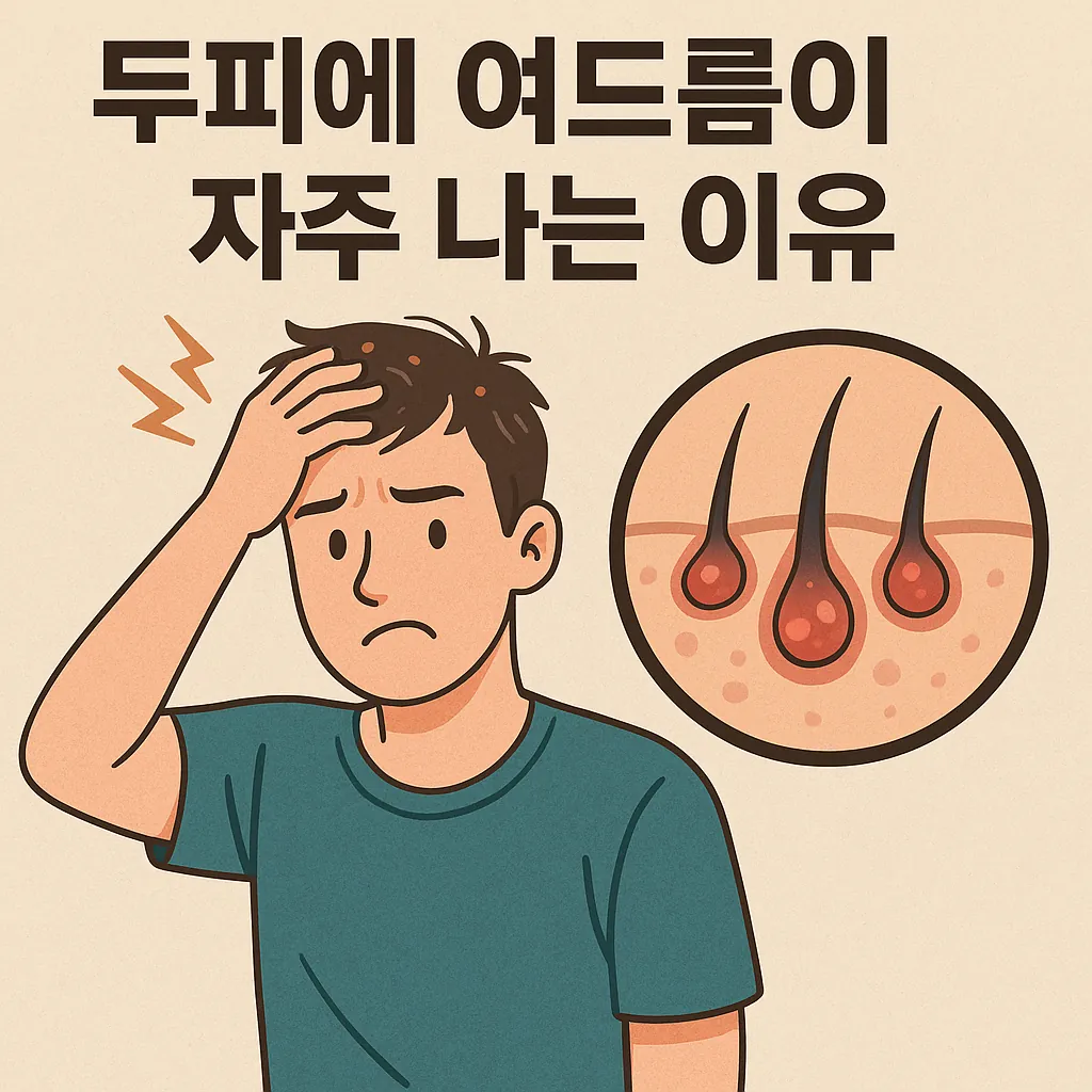 두피에-여드름이-자주-나는-원인을-표현한-일러스트로-두피를-긁는-남성과-모낭염을-확대-표시한-그래픽이-함께-강조됨