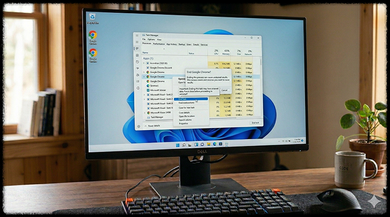 Windows 작업 관리자에서 프로그램을 강제 종료하는 모습
