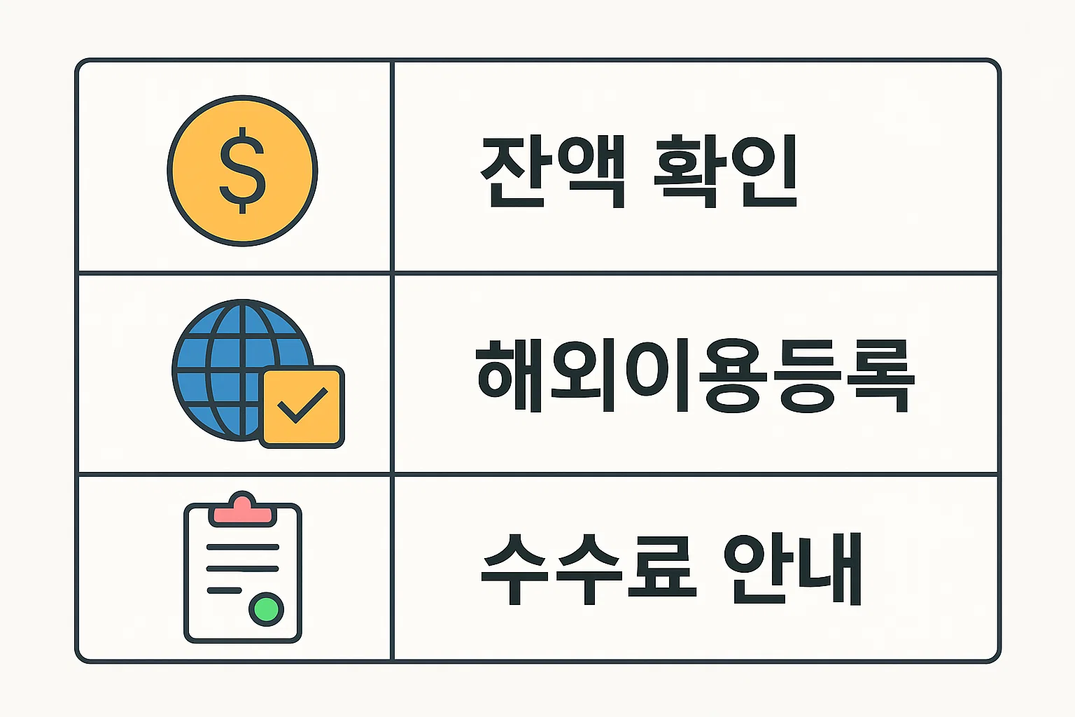 농협체크카드 사용자가 잔액 확인, 해외이용등록, 수수료 안내 등 체크카드 이용 시 반드시 확인해야 할 핵심 정보를 정리한 인포그래픽