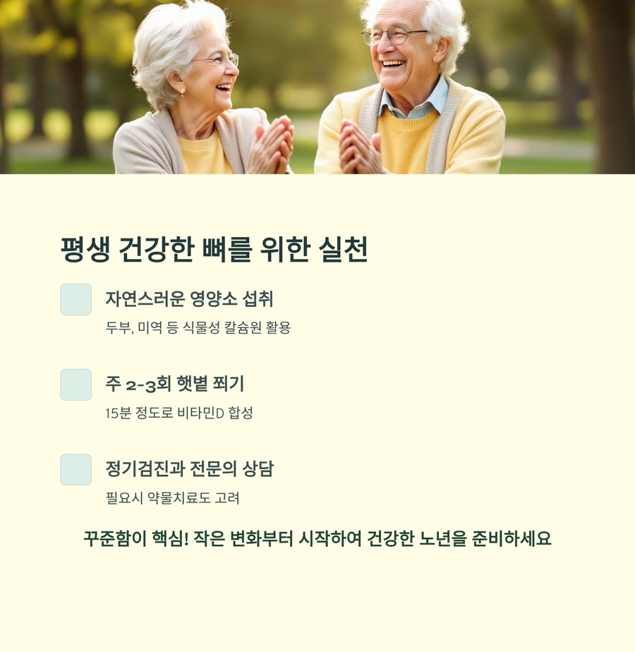 시니어가 웃으며 대화하는 모습과 평생 건강한 뼈를 위한 실천법 안내 이미지