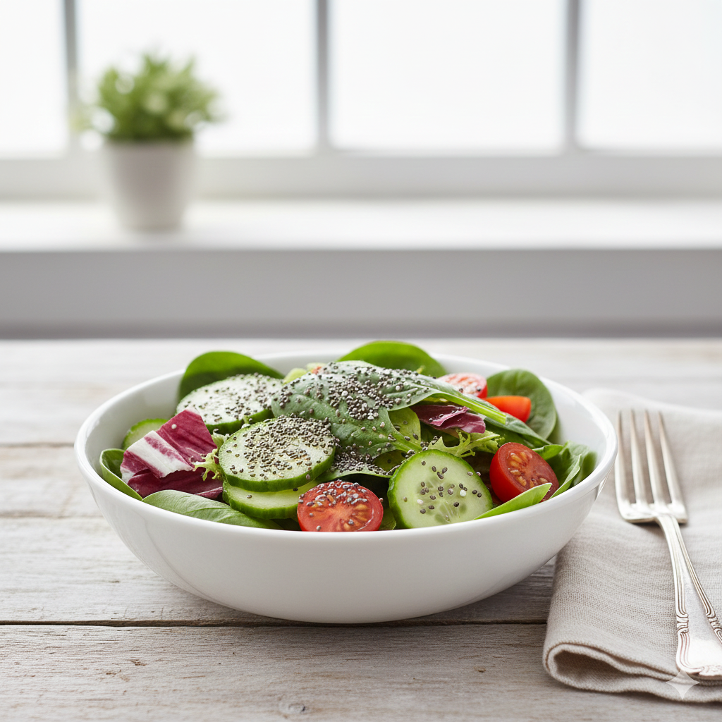 신선한 녹색 채소 샐러드 위에 뿌려진 고소한 치아씨드 토핑