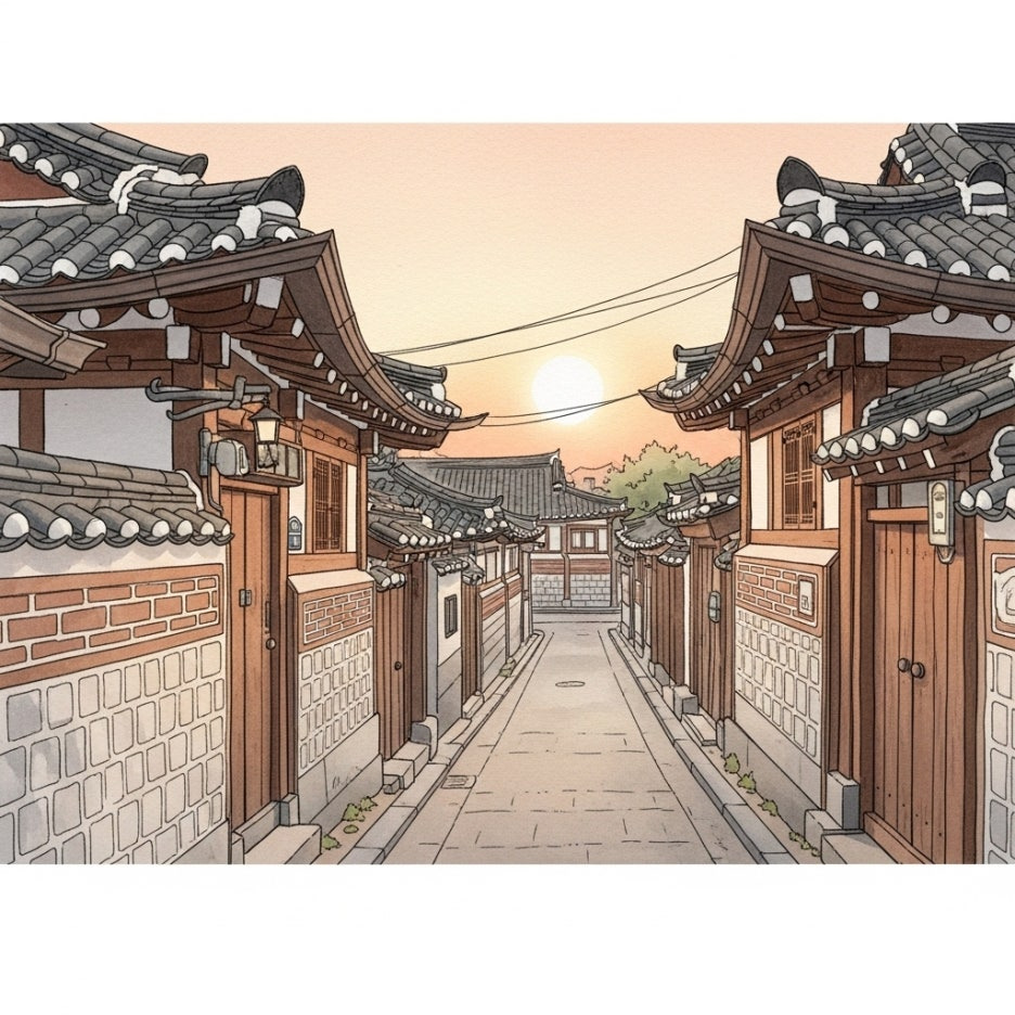 노을이 지는 평화롭고 고요한 서촌 골목길 풍경