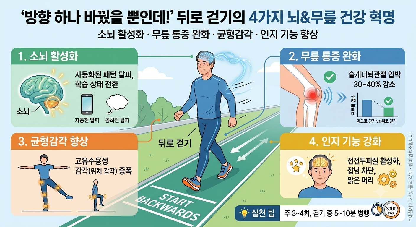 방향 하나 바꿨을 뿐인데! 뒤로 걷기의 4가지 뇌&amp;무릎 건강 혁명의 이미지