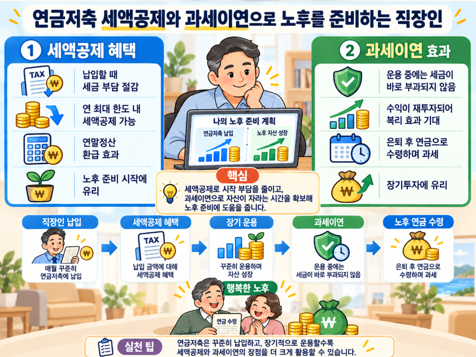연금저축 세액공제와 과세이연으로 노후를 준비하는 직장인 설명