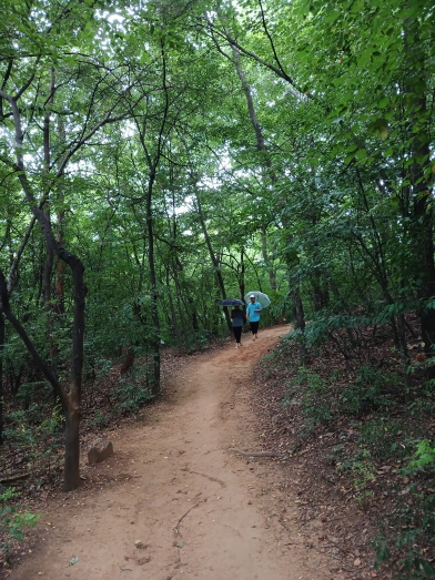 서울 어린이대공원 숲속 흙길에서 우산을 들고 걷는 두 사람, 서울 맨발 걷기 좋은 곳