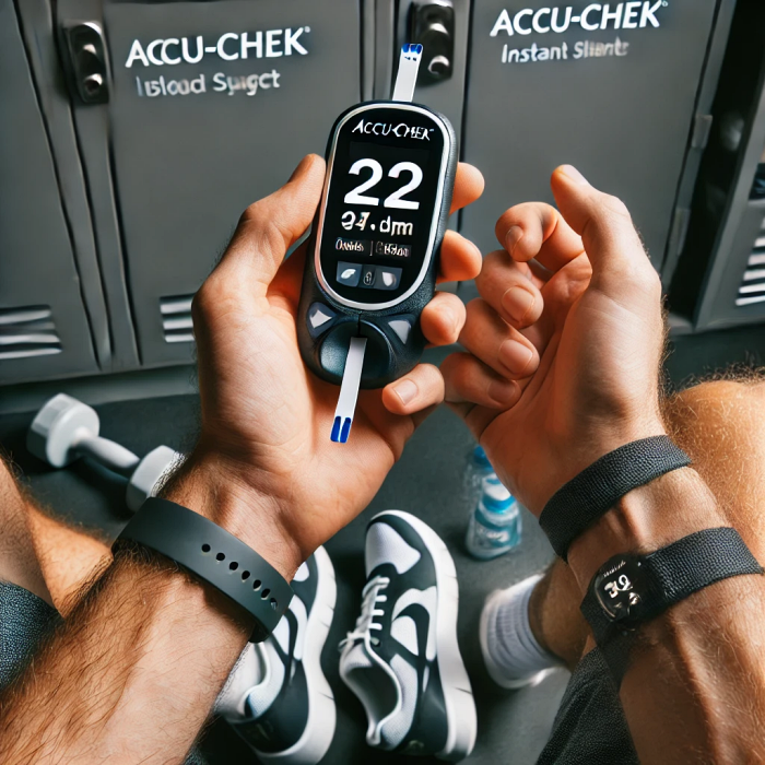 헬스장에서 운동 후 혈당을 확인하는 사용자가 아큐첵 인스턴트를 들고 있는 장면.